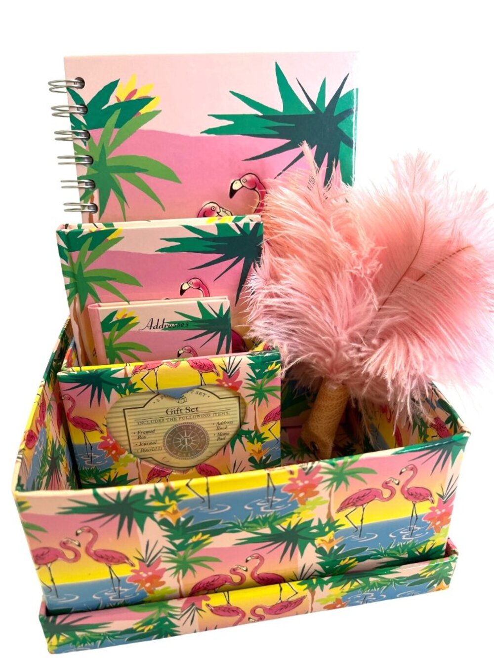 Vintage Flamingo Stationery Desk Gift 7 Pc Set Office Storage Box Journal Pencil - Picture 2 of 14